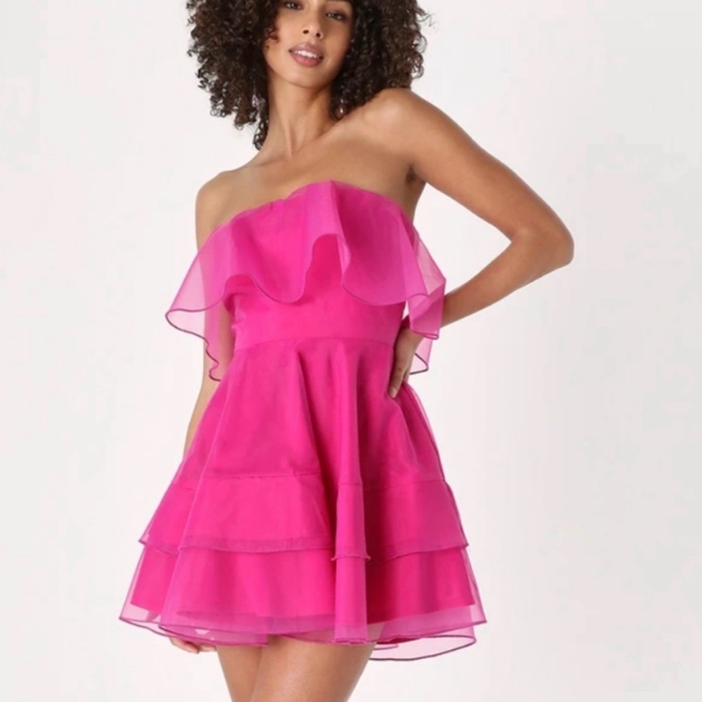 Strapless Ruffle Tiered Mini Dress - Hot Pink